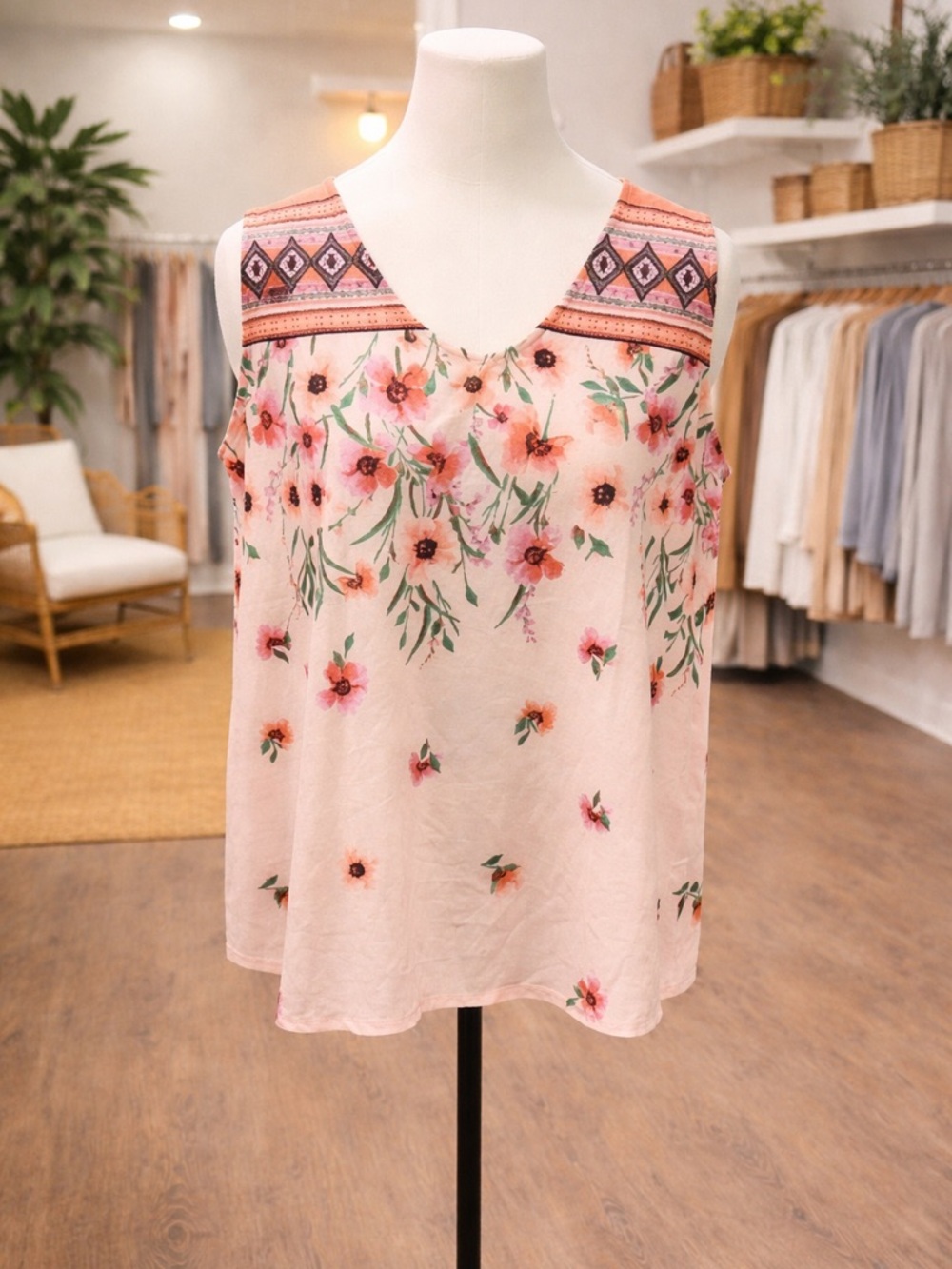 White Birch Floral Tank Top Stretchy Sleeveless Boho S M L XL 2X 3X